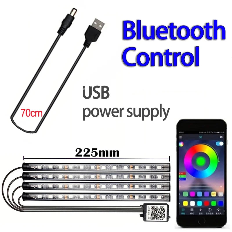 شريط إضاءة LED موسيقي للسيارة 48 مصباح ليد، تحكم ذكي عبر تطبيق بلوتوث USB، شريط إضاءة محيطية للسيارة داخلي مقاوم للماء متعدد الألوان RGB