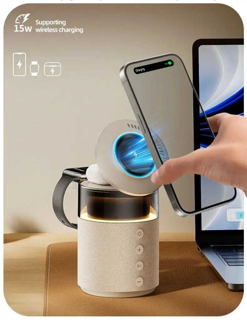 محطة شحن لاسلكي مغناطيسية 5 في 1 مع مكبر صوت لاسلكي، ضوء ليلي، شاحن سريع لأجهزة iPhone وiWatch وAirPods مع مكبر صوت