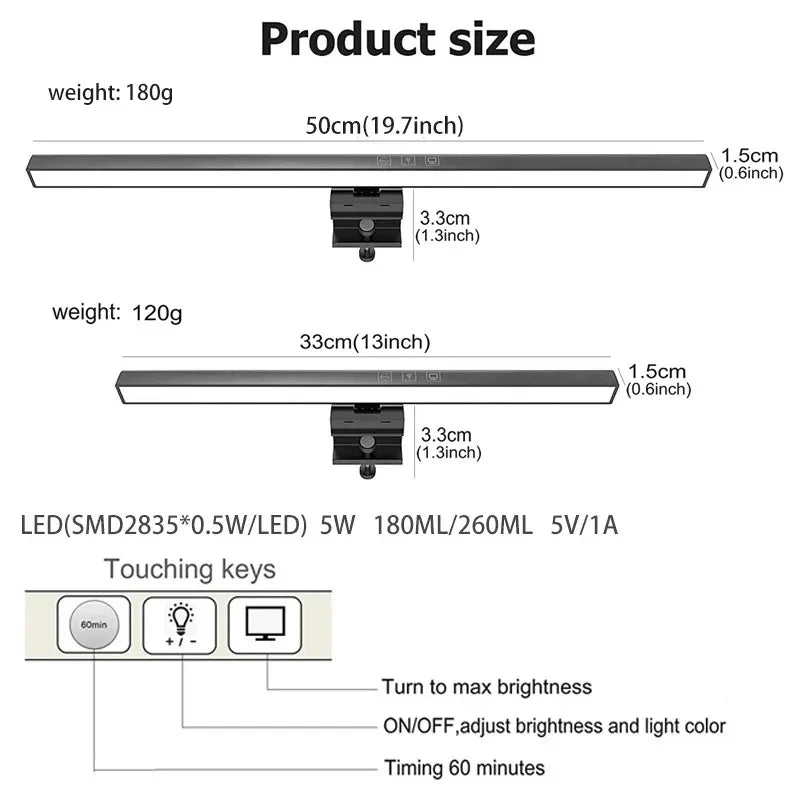 شريط إضاءة LED للشاشة لجهاز الكمبيوتر - مصباح شاشة قابل للتعتيم بطول 33 سم/50 سم يعمل بمنفذ USB لمكتب الدراسة والقراءة