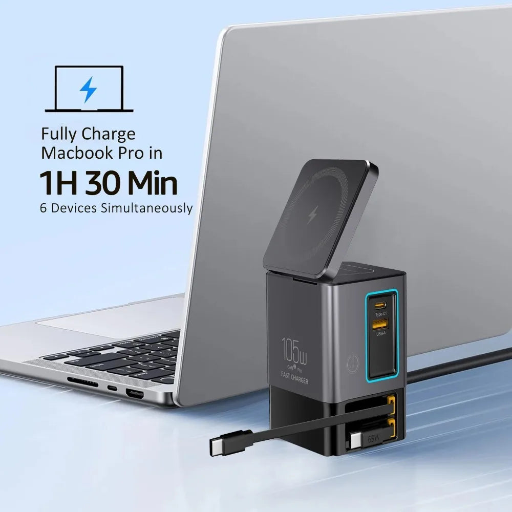 محطة شحن 6 في 1 مع كابل USB-C قابل للسحب، كومبو باور تاور 105 واط لأجهزة متعددة، شاحن سريع للآيفون والآيربود
