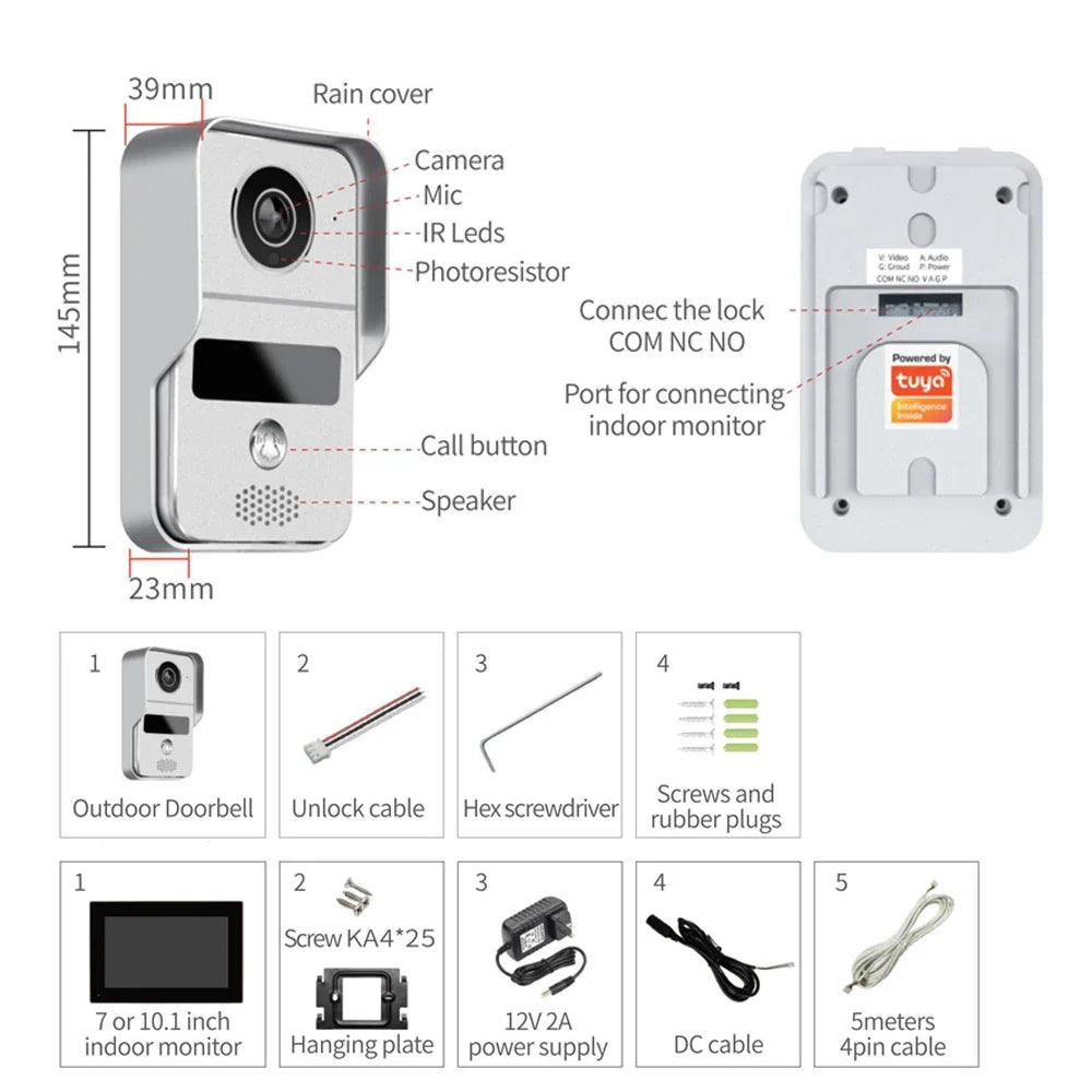 جرس باب داخلي (إنتركوم)، 10.1 بوصة، ألوان عالية الوضوح 1080P، CMOS، يدعم WiFi وتطبيق Tuya، كاميرا مراقبة بالأشعة تحت الحمراء مع رؤية ليلية، فيديو ومكالمات.