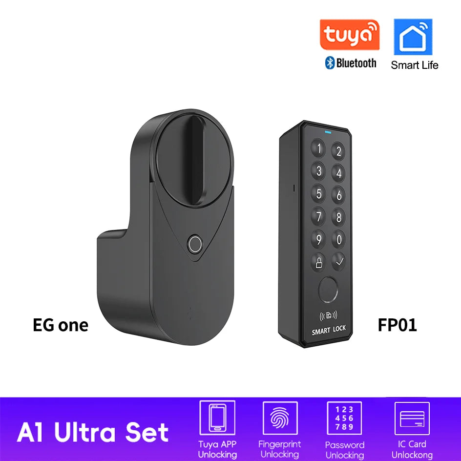 Smart lock with Tuya Bluetooth, fingerprint, password, and IC card unlocking; no drilling required for installation.