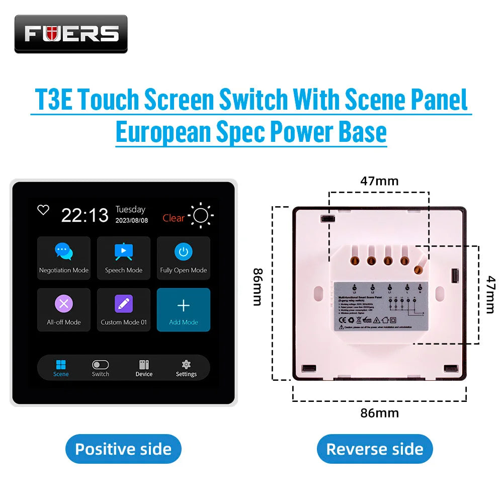 FUERS Smart Wall Switch 4 Inch Touch Screen Multi-functional T3E Switch Scene Panel Intelligent Home Touch Screen Zigbee