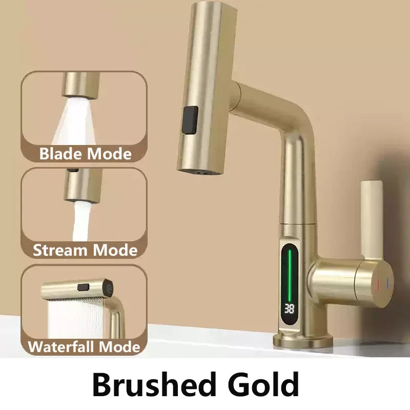 Waterfall Pull Out Kitchen Faucet White Intelligent Digital Display Cold Hot Mixer Taps Rotatable Sink Lifting Basin Faucet