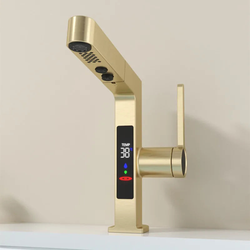 Intelligent Digital Display LED Basin Faucet Pull Out Rose Gold Lead Free Water Mixer Sink Tap Bathroom Washbasin Vanity Faucet