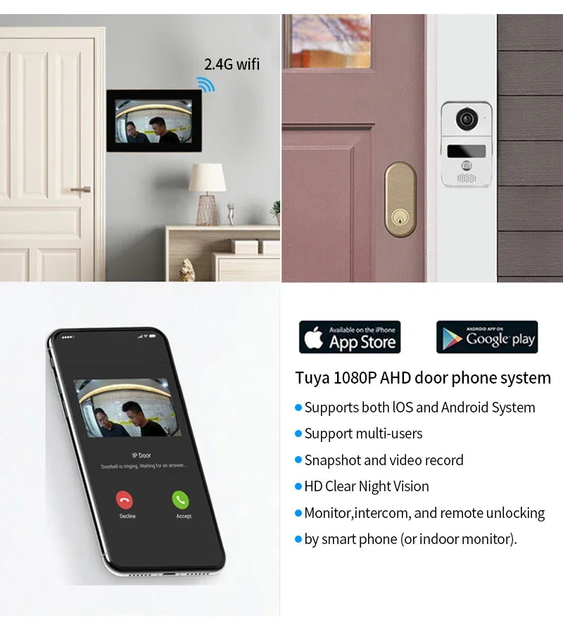 جرس باب داخلي (إنتركوم)، 10.1 بوصة، ألوان عالية الوضوح 1080P، CMOS، يدعم WiFi وتطبيق Tuya، كاميرا مراقبة بالأشعة تحت الحمراء مع رؤية ليلية، فيديو ومكالمات.