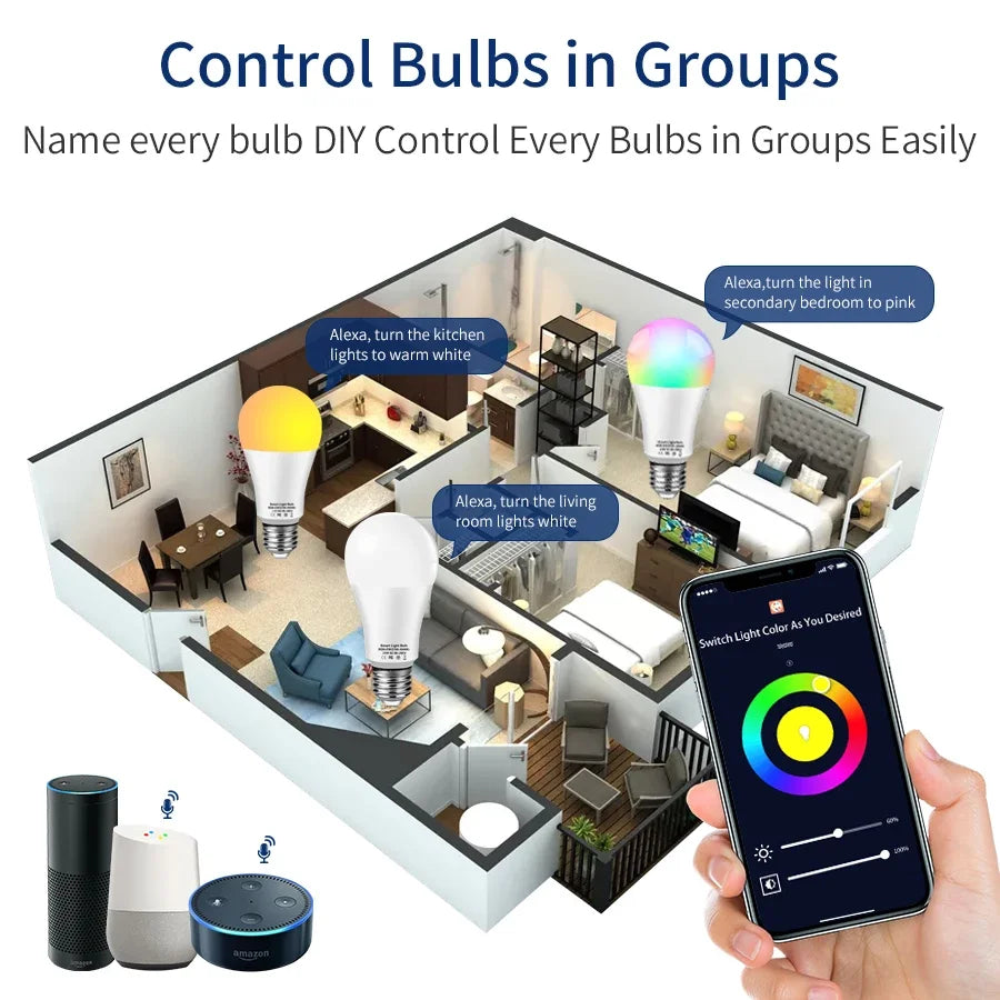 لمبة LED ذكية واي فاي RGB بالتحكم الصوتي وعبر التطبيق، مؤقت عمل مع المنزل، لمبة إضاءة قابلة للتعتيم لديكور المنزل