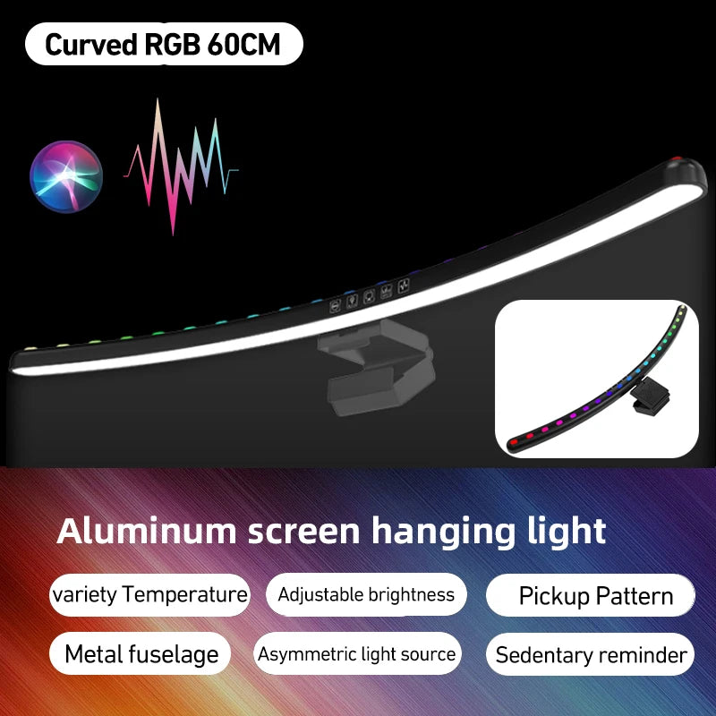 شريط إضاءة لشاشة الكمبيوتر RGB، مصابيح معلقة للشاشة بإيقاع الموسيقى، مصباح مكتبي قابل للتعتيم، إضاءة طاولة للقراءة والألعاب