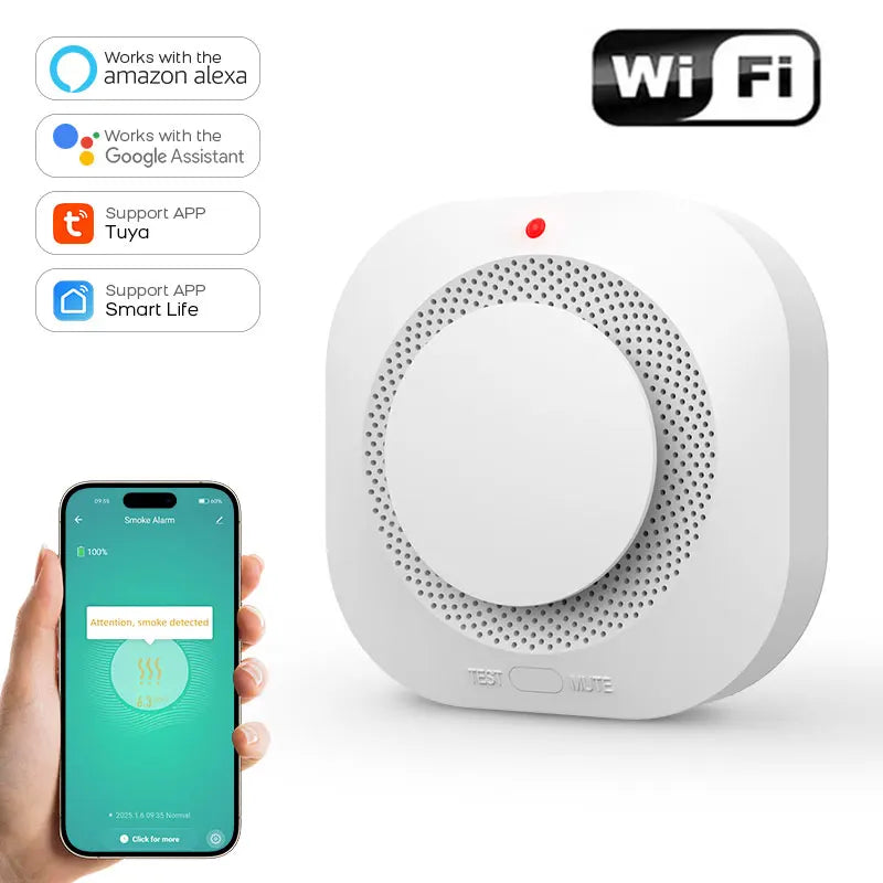 جهاز استشعار الدخان بتكنولوجيا Wifi من Tuya، نظام إنذار أمان للمنزل، تحكم عبر تطبيق Smart Life، كاشف دخان غاز عالي الحساسية لسلامة المنزل