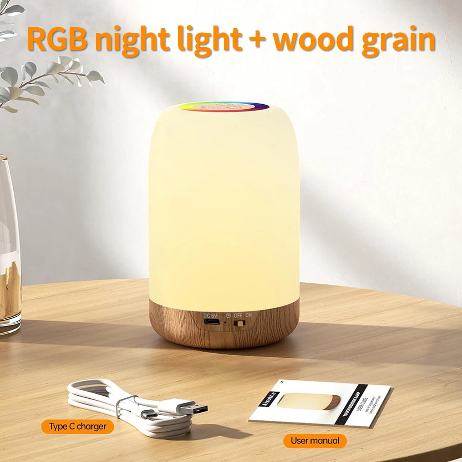 مصباح طاولة ليد RGB قابل لإعادة الشحن للمكتب، ضوء ليلي جانبي للسرير متعدد الألوان قابل للتعتيم، بطارية 1500 مللي أمبير، فانوس محمول بنمط حبيبات الخشب