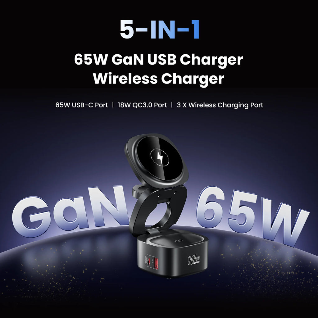 شاحن لاسلكي 5 في 1 بتقنية GaN USB من النوع C، محطة شحن 65 واط بتقنية PD3.0 و QC3.0 لهواتف ماك بوك وآيفون 16 وسماعات آيربودز وساعة آي ووتش