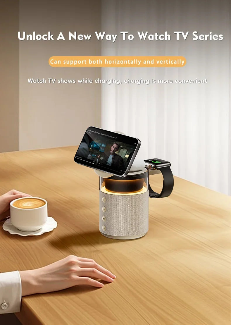 محطة شحن لاسلكي مغناطيسية 5 في 1 مع مكبر صوت لاسلكي، ضوء ليلي، شاحن سريع لأجهزة iPhone وiWatch وAirPods مع مكبر صوت