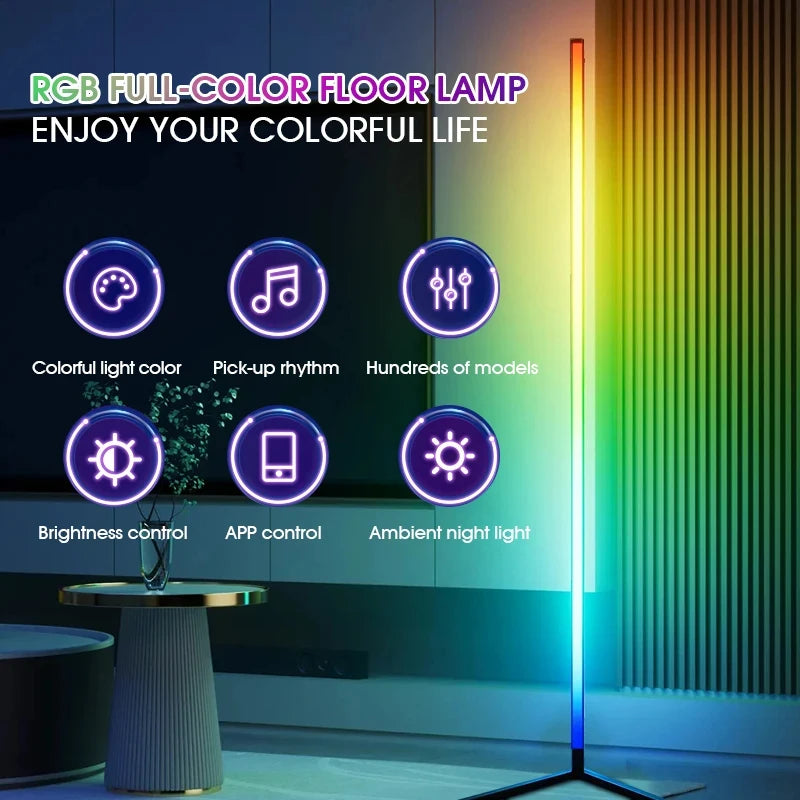 مصباح زاوية أرضي ذكي LED RGB مع مزامنة موسيقية و16 مليون لون قابل للتخصيص، إضاءة محيطية عصرية لديكور المنزل