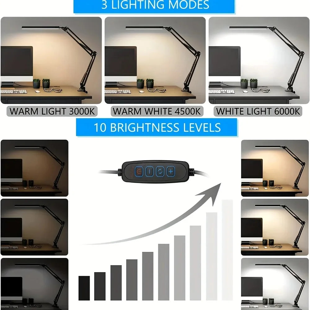 مصباح طاولة LED للمنزل والقراءة، مصباح مكتبي قابل للتعديل للعناية بالعين مع مشبك، 3 أوضاع للألوان، 10 مستويات سطوع