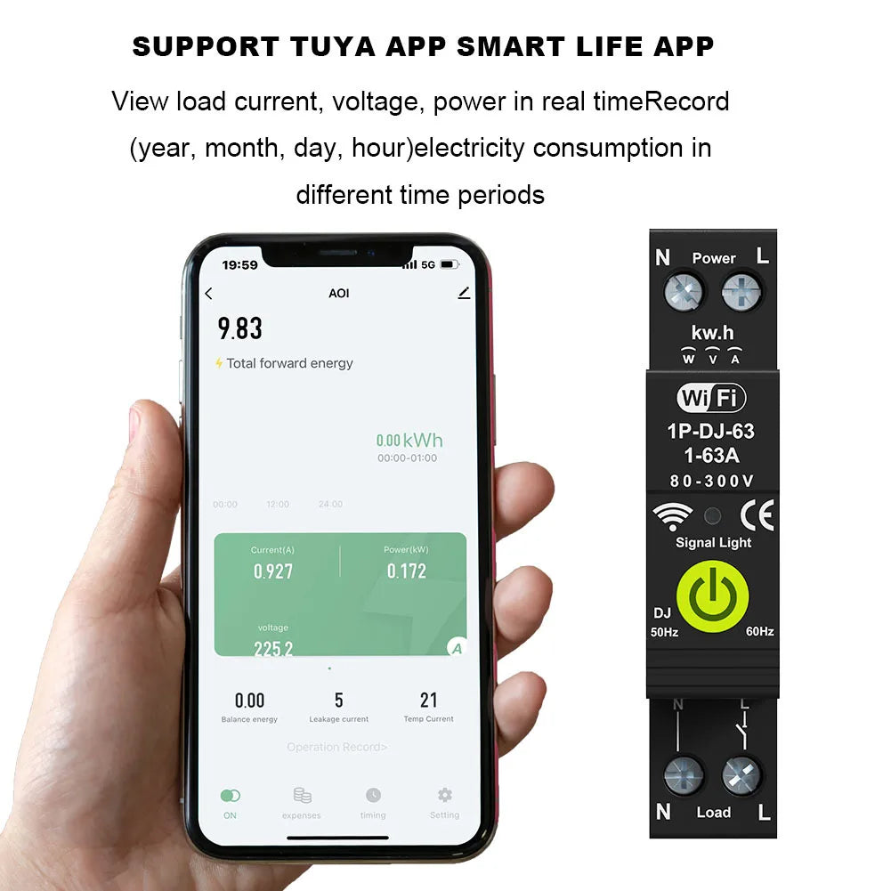 مفتاح قاطع الدائرة الكهربائية الذكي Tuya WiFi للتشغيل/الإيقاف، مؤقت، حامي إعادة التوصيل التلقائي، عداد طاقة كهروضوئي ثنائي الاتجاه