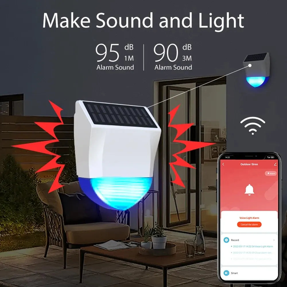 Tuya Smart لمستشعر إنذار صفارة زيجبي/واي فاي خارجي مقاوم للماء يعمل بالطاقة الشمسية وUSB اختياري 95 ديسيبل للتحكم عن بعد