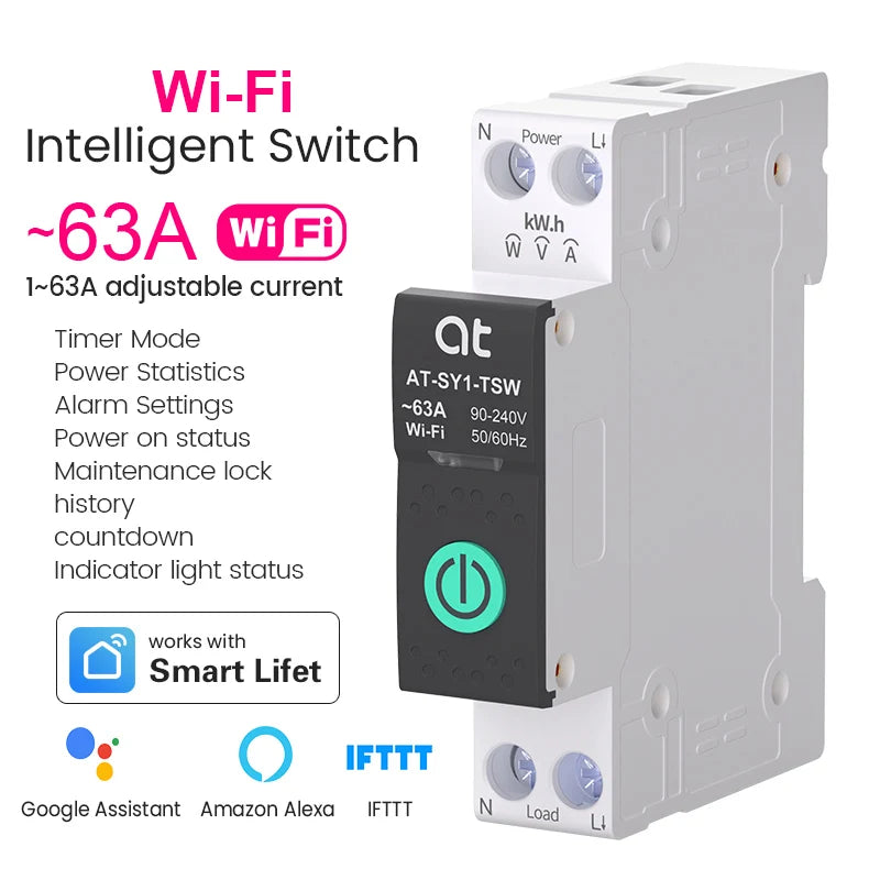 قاطع دائرة كهربائية ذكي TUYA WIFI مع قياس 1P 50A 63A على سكة DIN للمنزل الذكي ومفتاح تحكم لاسلكي عن بعد بواسطة التطبيق
