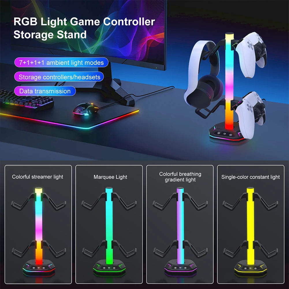 حامل جهاز تحكم RGB لأجهزة PS5/XBOX، مع 9 أوضاع إضاءة وحامل سماعات رأس للمكتب، وحامل سماعات رأس وخطاف تحكم قابل للفصل