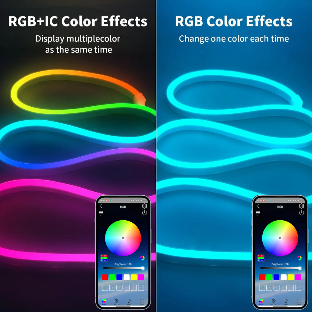 إضاءة حبل نيون ذكية RGB بجهد 5 فولت USB بطول 1م-10م، شريط مرن IP65 مع مزامنة موسيقى بلوتوث وتحكم عبر التطبيق لغرفة الألعاب والحفلات