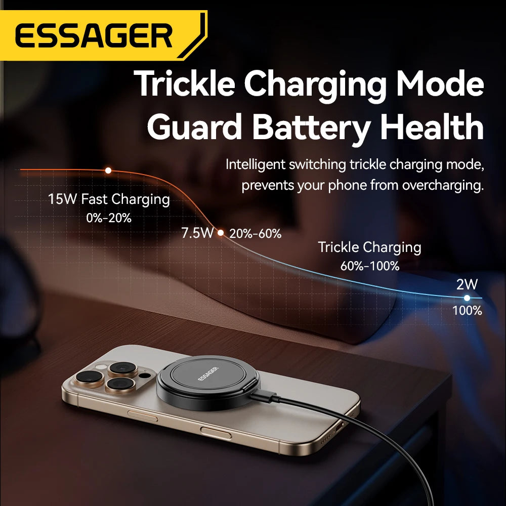 شاحن Essager مغناطيسي لاسلكي مع حامل 15 واط شحن سريع لأجهزة iPhone16 15 14 13Pro Max Airpods Mini شاحن هاتف لاسلكي