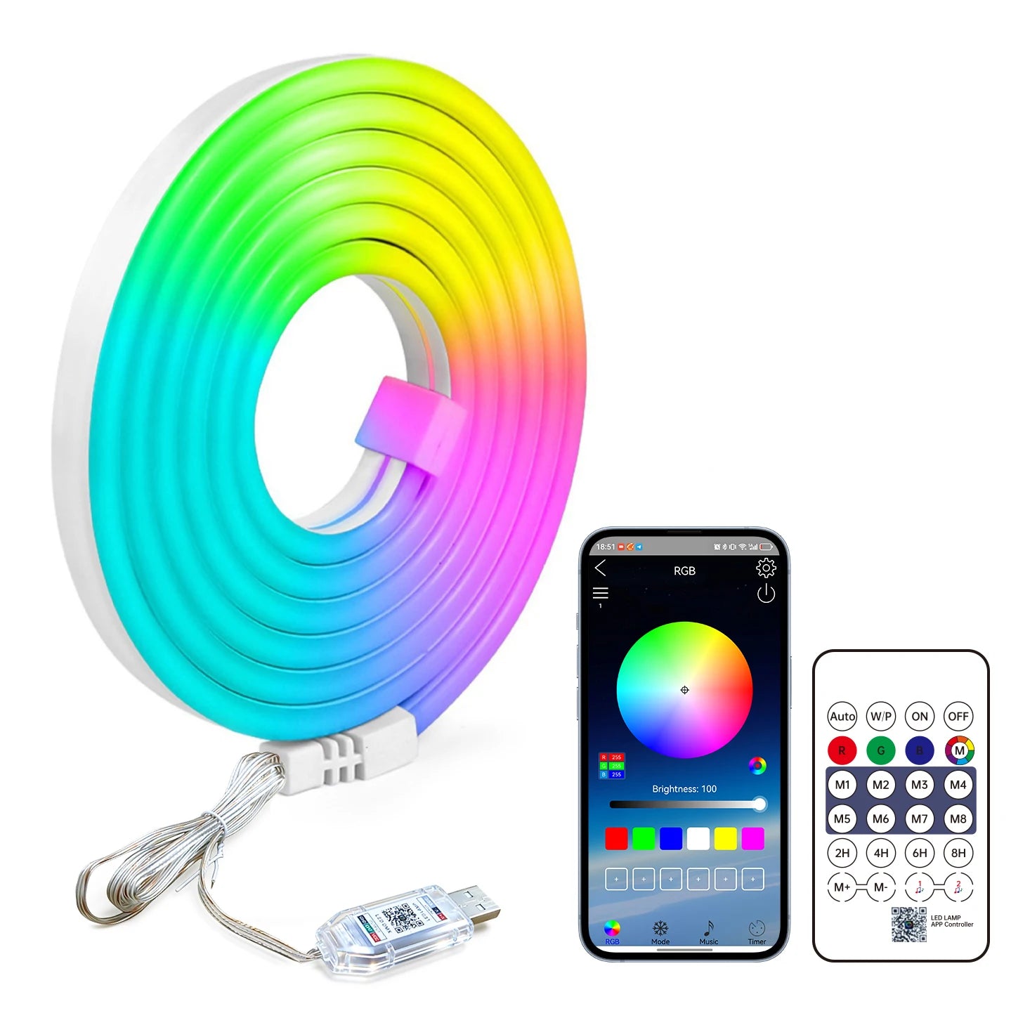 إضاءة حبل نيون ذكية RGB بجهد 5 فولت USB بطول 1م-10م، شريط مرن IP65 مع مزامنة موسيقى بلوتوث وتحكم عبر التطبيق لغرفة الألعاب والحفلات
