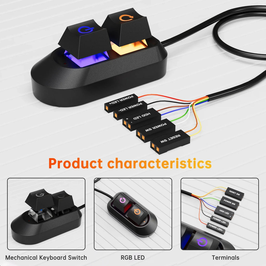 مفتاح تشغيل إيقاف تشغيل الكمبيوتر المكتبي بضوء RGB LED بطول 2 متر، وزر إعادة الضبط الخارجي للوحة الأم للكمبيوتر، وكابل تمديد مفتاح التشغيل