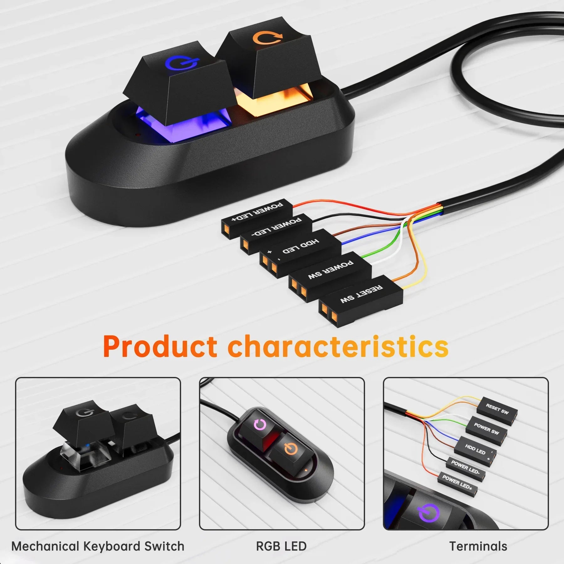مفتاح تشغيل إيقاف تشغيل الكمبيوتر المكتبي بضوء RGB LED بطول 2 متر، وزر إعادة الضبط الخارجي للوحة الأم للكمبيوتر، وكابل تمديد مفتاح التشغيل