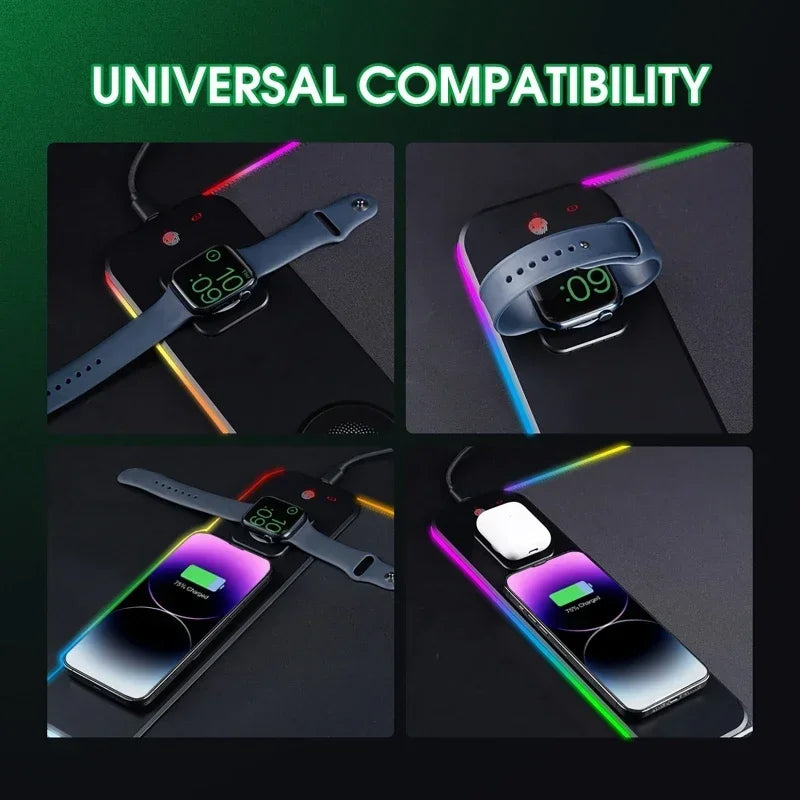 وسادة لوحة مفاتيح وماوس RGB مع شحن لاسلكي، وسادات كبيرة لهاتف الألعاب، لوحة ماوس، مكتب كمبيوتر مكتبي، كمبيوتر محمول، حصيرة طبق
