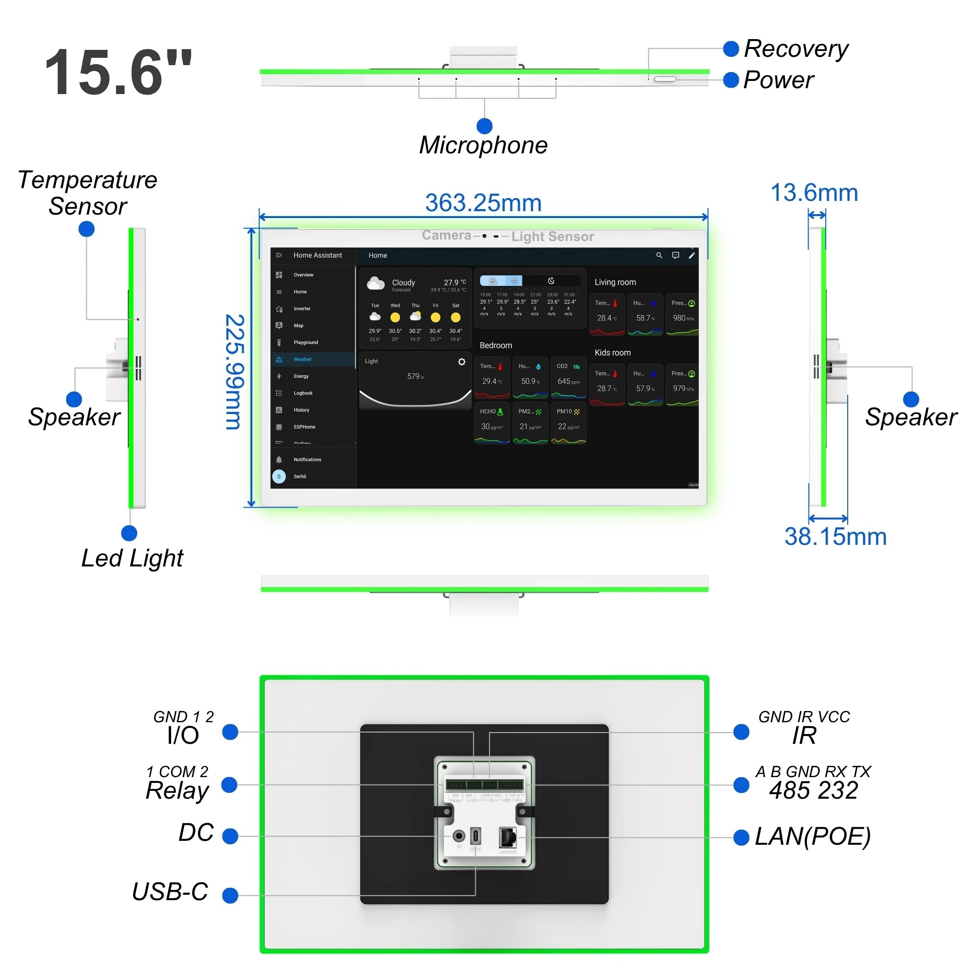 15.6 Inch Android 14 RK3576S Smart Home Control Panel Matter Thread POE Wall Mount Automation Tablet With RJ45 RS485 Interface