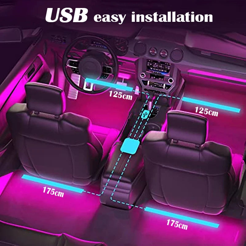 شريط إضاءة LED موسيقي للسيارة 48 مصباح ليد، تحكم ذكي عبر تطبيق بلوتوث USB، شريط إضاءة محيطية للسيارة داخلي مقاوم للماء متعدد الألوان RGB