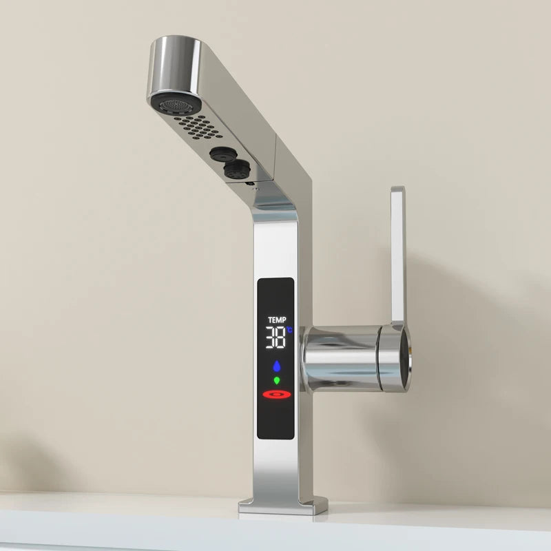 Intelligent Digital Display LED Basin Faucet Pull Out Rose Gold Lead Free Water Mixer Sink Tap Bathroom Washbasin Vanity Faucet