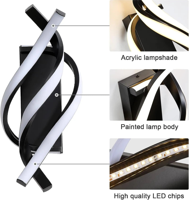 مصباح حائط LED بتصميم حلزوني منحني لغرفة النوم بجانب السرير، للممرات، غرف المعيشة، السلالم، إضاءة الممرات، ديكور منزلي.