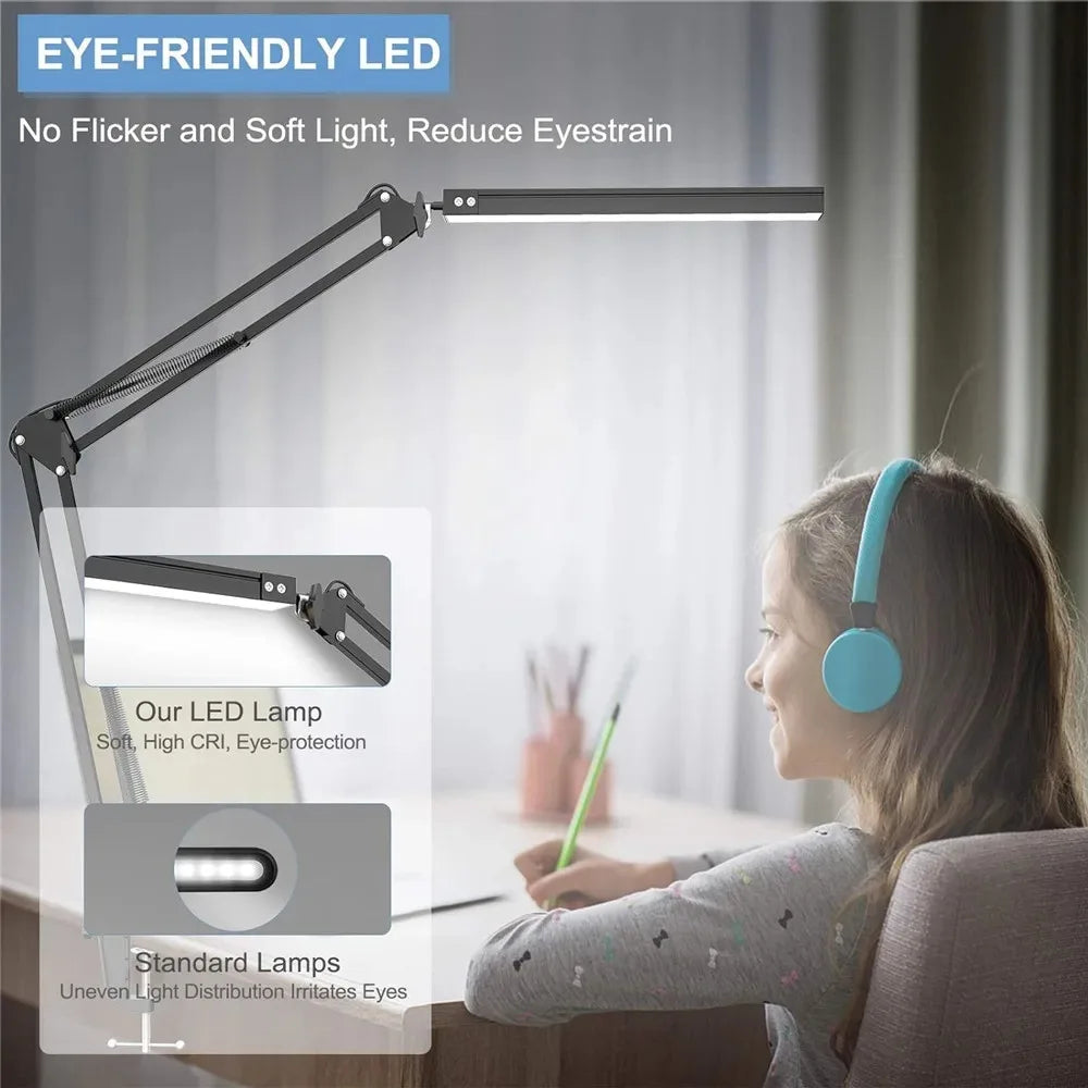 مصباح طاولة LED للمنزل والقراءة، مصباح مكتبي قابل للتعديل للعناية بالعين مع مشبك، 3 أوضاع للألوان، 10 مستويات سطوع