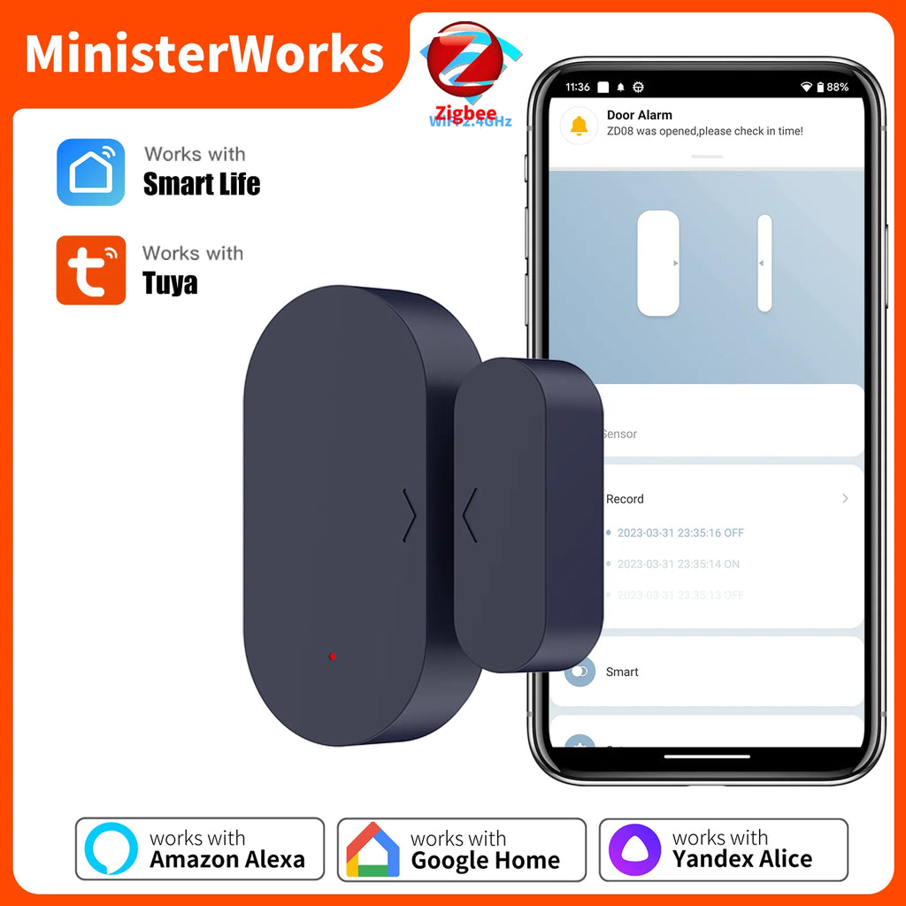 مستشعر باب ونافذة Tuya Zigbee 3.0 للتحكم عن بعد عبر التطبيق، يعمل مع Alexa Yandex ZHA Zigbee2Mqtt، يتطلب محور Zigbee
