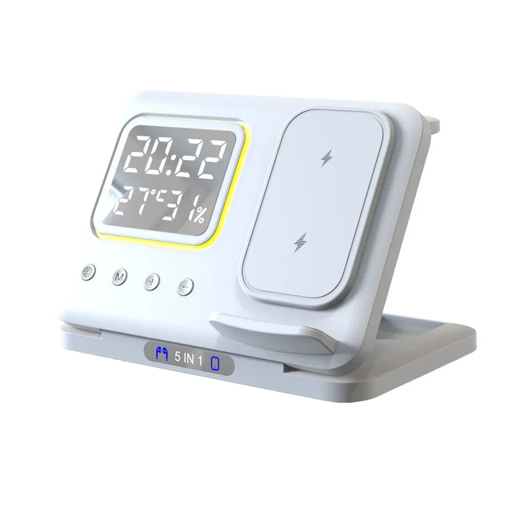 New Foldable 5-in-1 Wireless Chargers Stand 5 In1 LED Digital Alarm Clock Fast Charging Dock Station for IPhone 15 14 IWatch 8