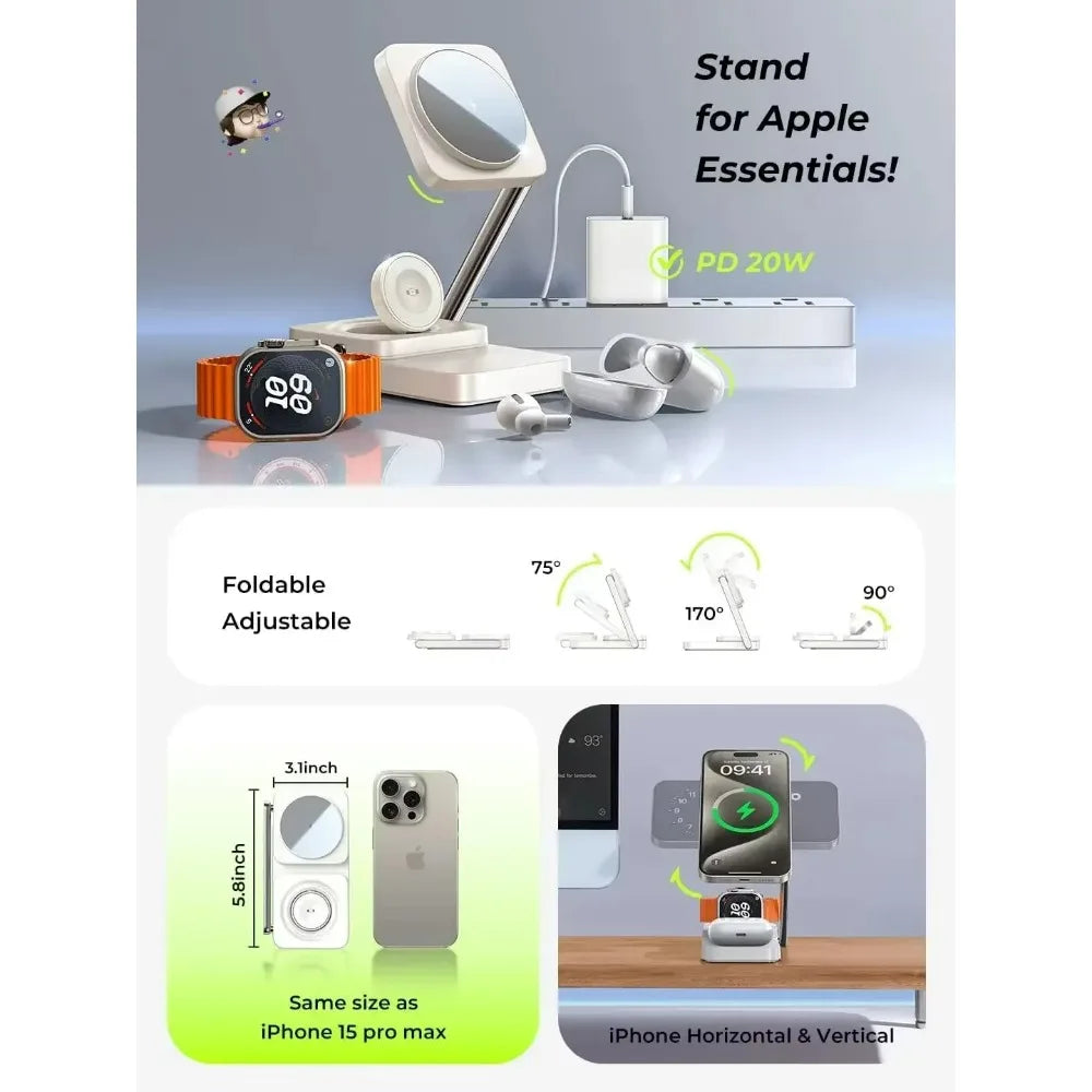قاعدة شحن لاسلكية LISEN بقدرة 15 واط لشاحن MagSafe، قاعدة شحن محمولة 3 في 1 لساعة iPhone Watch S1-s9 Ultra AirPads