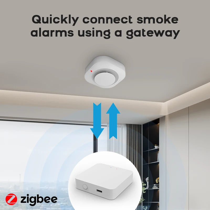 جهاز استشعار الدخان ZIGBEE للأمن المنزلي - مستشعر دخان متطور وجهاز إنذار حريق يعمل مع توافق SmartLife و Tuya