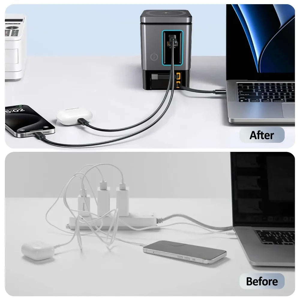 محطة شحن 6 في 1 مع كابل USB-C قابل للسحب، كومبو باور تاور 105 واط لأجهزة متعددة، شاحن سريع للآيفون والآيربود