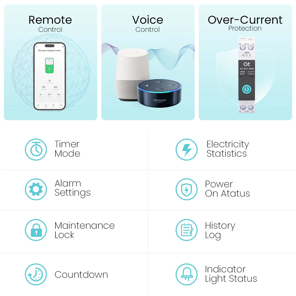 قاطع دائرة كهربائية ذكي TUYA WIFI مع قياس 1P 50A 63A على سكة DIN للمنزل الذكي ومفتاح تحكم لاسلكي عن بعد بواسطة التطبيق