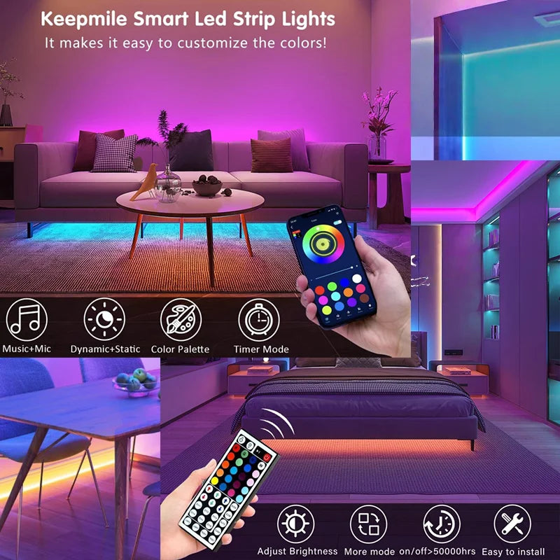 أضواء شريط ليد ذكية 1م-20م متزامنة مع الموسيقى RGB 5 فولت مع تطبيق وجهاز تحكم عن بعد لديكور غرف حفلات الكريسماس والإضاءة
