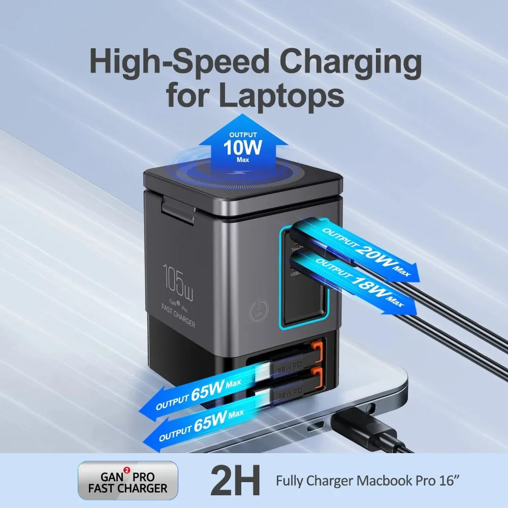 محطة شحن 6 في 1 مع كابل USB-C قابل للسحب، كومبو باور تاور 105 واط لأجهزة متعددة، شاحن سريع للآيفون والآيربود