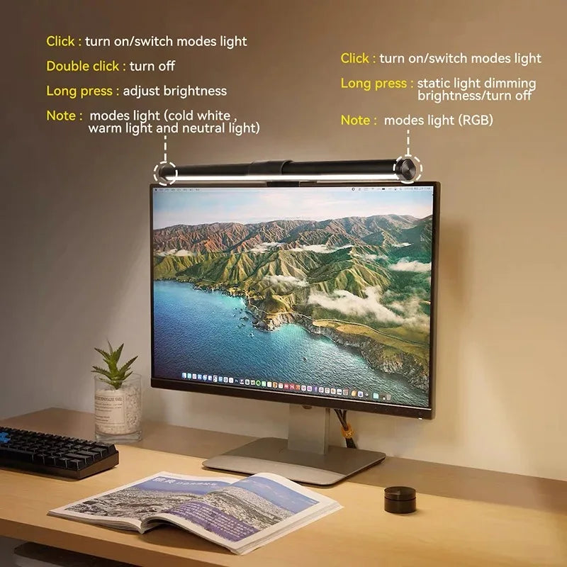 شريط إضاءة شاشة LED مصباح كمبيوتر للقراءة ضوء معلق على الشاشة ضوء مكتبي باهتة بدون خطوات للشاشة لغرفة النوم وغرفة الدراسة