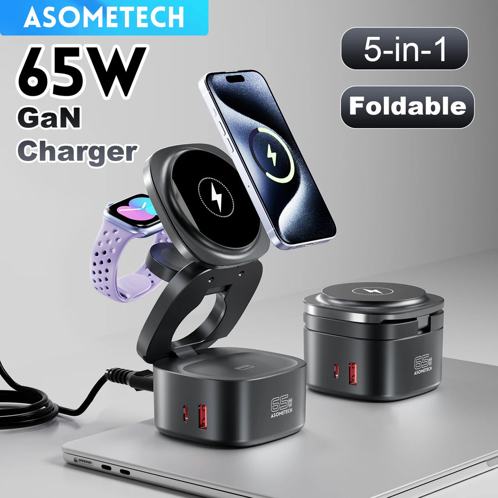 شاحن لاسلكي 5 في 1 بتقنية GaN USB من النوع C، محطة شحن 65 واط بتقنية PD3.0 و QC3.0 لهواتف ماك بوك وآيفون 16 وسماعات آيربودز وساعة آي ووتش