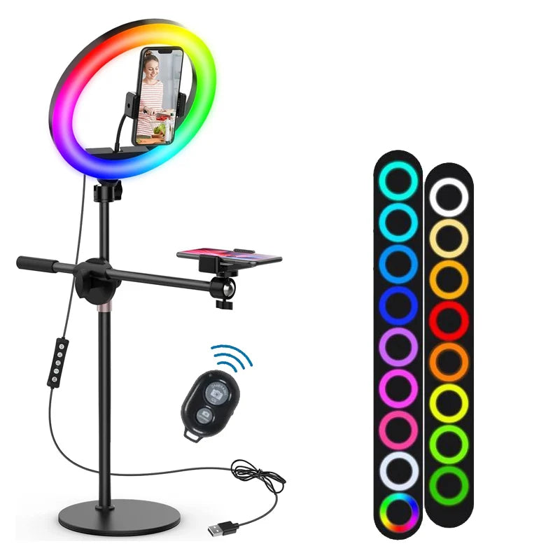إضاءة مكتبية حلقية RGB مع حامل وحامل هاتف - حلقة إضاءة مكتبية بحجم 10.5 بوصة لتسجيل الفيديو والبودكاست وصور السيلفي وإضاءة اجتماعات Zoom