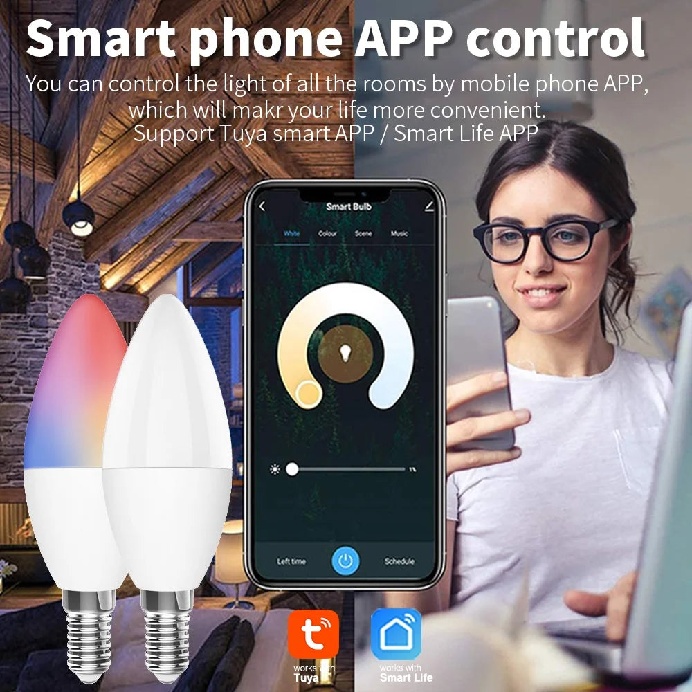 لمبة إضاءة ذكية SIXWGH 3.5 واط Wifi ملونة E14 LED RGB+أبيض فاتح وظيفة مؤقت خافتة تطبيق الحياة الذكية Tuay تدعم Aleax