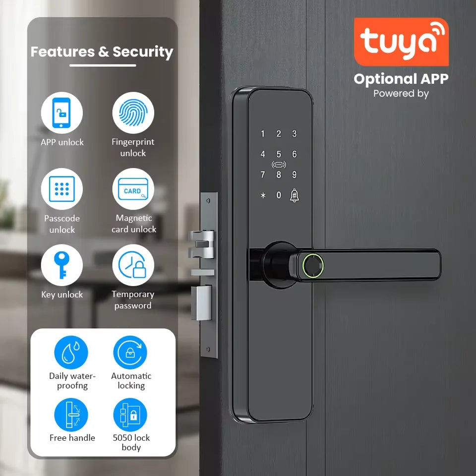 قفل باب إلكتروني ذكي يعمل بالواي فاي من Tuya ببطاقة IC/بصمة بيومترية/كلمة مرور/مفتاح لفتحه/تحكم عن بعد وشحن طوارئ USB