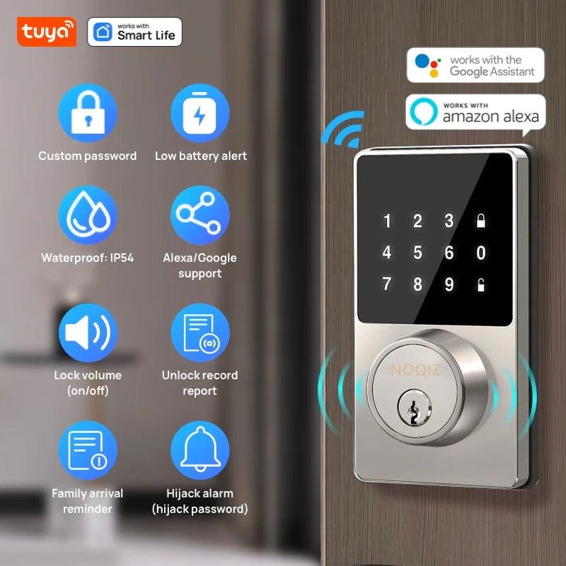 قفل باب ذكي Tuya يعمل بالواي فاي بدون مفتاح مع لوحة مفاتيح تعمل باللمس، تحكم عن طريق التطبيق، مقاوم للماء بمعيار IP54، تنبيه عند انخفاض البطارية