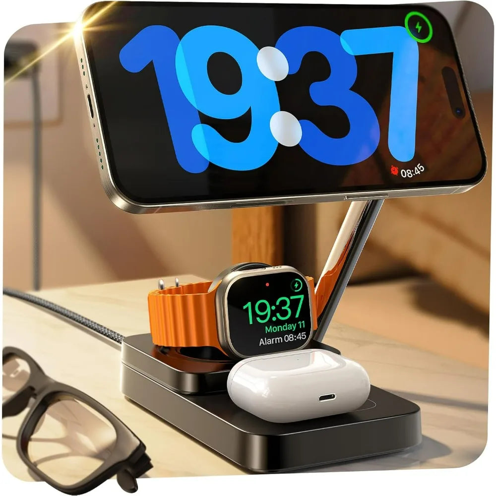 قاعدة شحن لاسلكية LISEN بقدرة 15 واط لشاحن MagSafe، قاعدة شحن محمولة 3 في 1 لساعة iPhone Watch S1-s9 Ultra AirPads