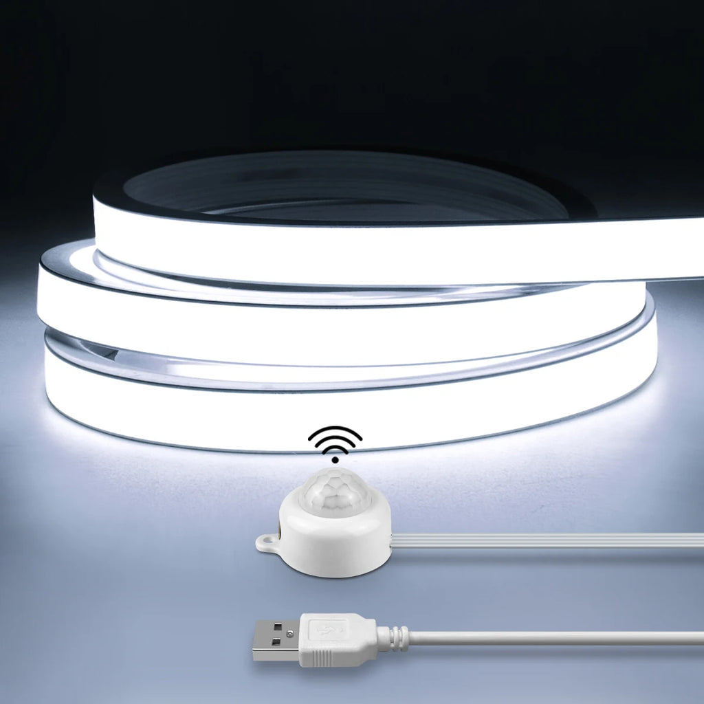 مستشعر حركة PIR ذكي فائق السطوع بتقنية COB LED شريط إضاءة نيون تشغيل/إيقاف تلقائي 320 مصباح LED/م مقاوم للماء لتزيين المطبخ والدرج وخزانة الملابس