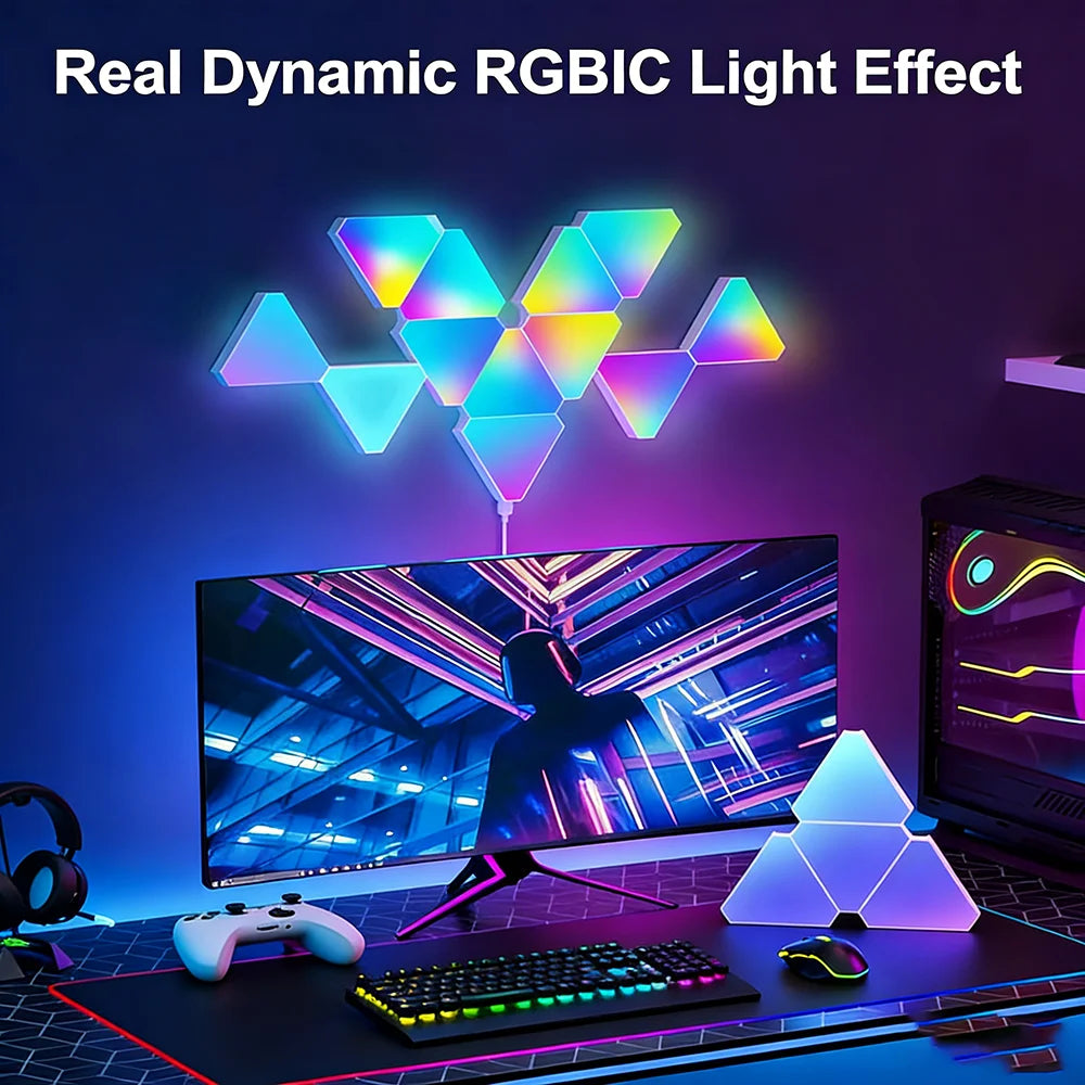 مصباح حائط ليلي ذكي بتصميم مثلث لديكور غرف الألعاب، إضاءة حائط LED بخاصية الواي فاي ومزامنة الموسيقى لإعداد الألعاب